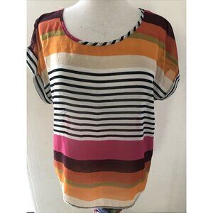 Sans Souci Womens Shirt Medium Short Sleeve Blouse Top Multicolor Sheer